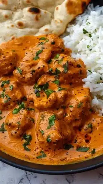 Delicious homemade butter chicken served with rice