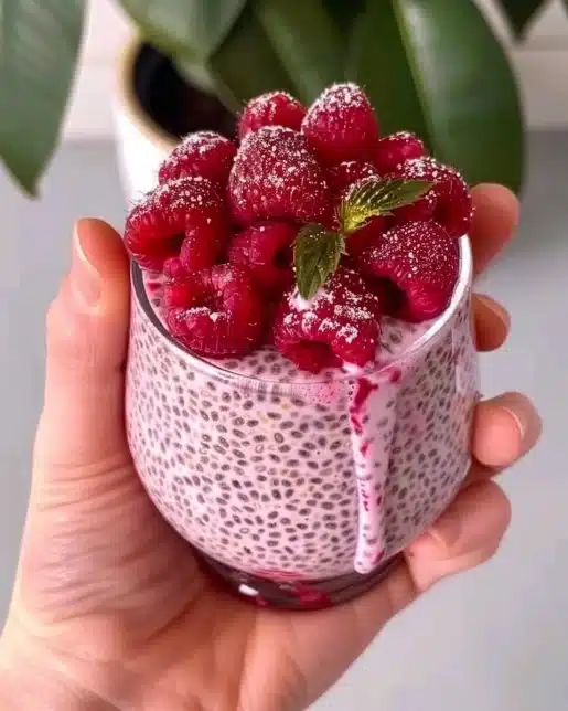 Bowl of vibrant raspberry chia pudding topped with fresh raspberries and mint.