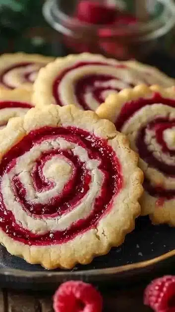 Delicious raspberry swirl shortbread cookies on a plate