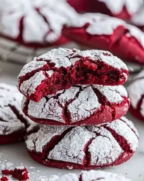 Delicious red velvet crinkle cookies on a rustic wooden table