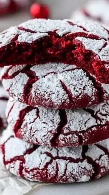 Freshly baked Red Velvet Crinkle Cookies with powdered sugar coating
