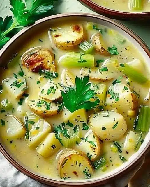 A bowl of creamy roasted celery and potato soup garnished with herbs.