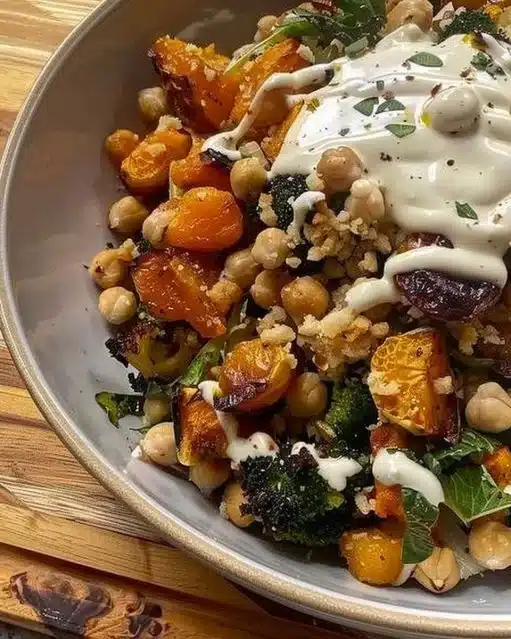 Delicious roasted fall harvest salad with seasonal vegetables and toppings.