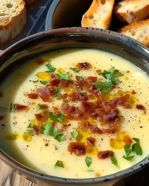 Bowl of creamy roasted garlic potato soup with herbs and bread