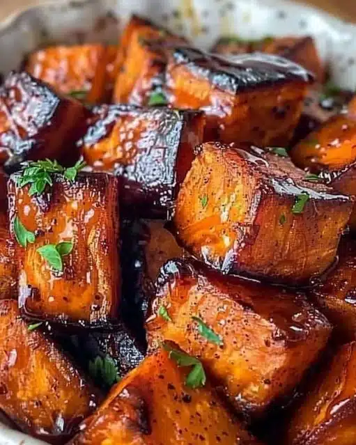 Roasted sweet potatoes sprinkled with cinnamon and drizzled with honey