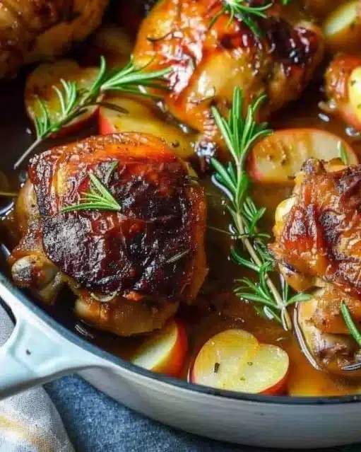 Plate of rosemary apple cider chicken garnished with herbs