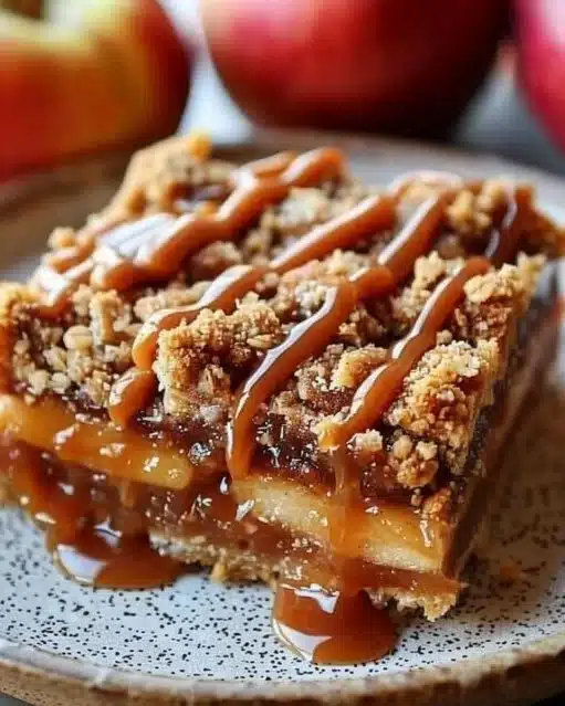 Delicious salted caramel apple crumble bars with a crisp topping