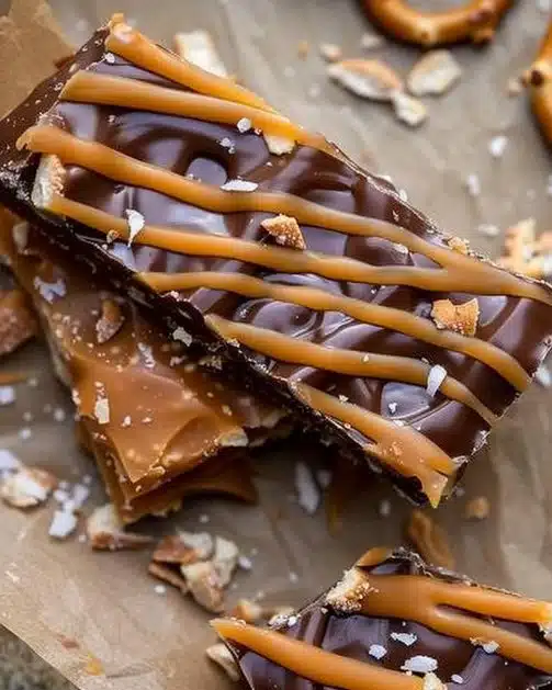 Delicious salted caramel pretzel bark displayed on a plate