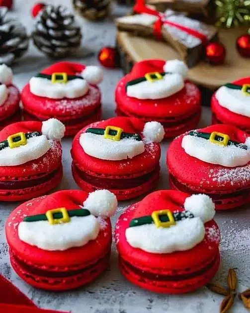 Festively decorated Santa Claus Macarons displayed on a holiday tray.