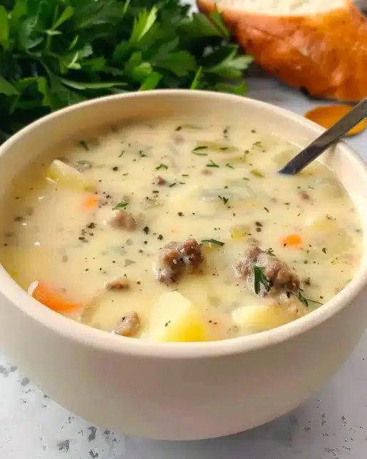 Bowl of sausage potato soup garnished with herbs and served hot