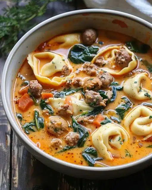 Delicious bowl of Sausage Tortellini Soup with Spinach topped with fresh herbs