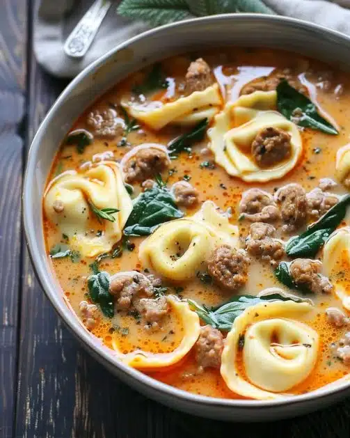 Bowl of Sausage Tortellini Soup with fresh spinach and herbs