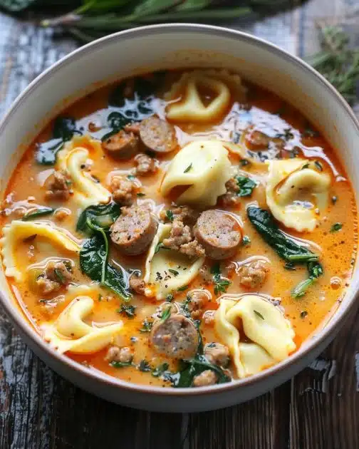 Bowl of Sausage Tortellini Soup with Spinach garnished with herbs