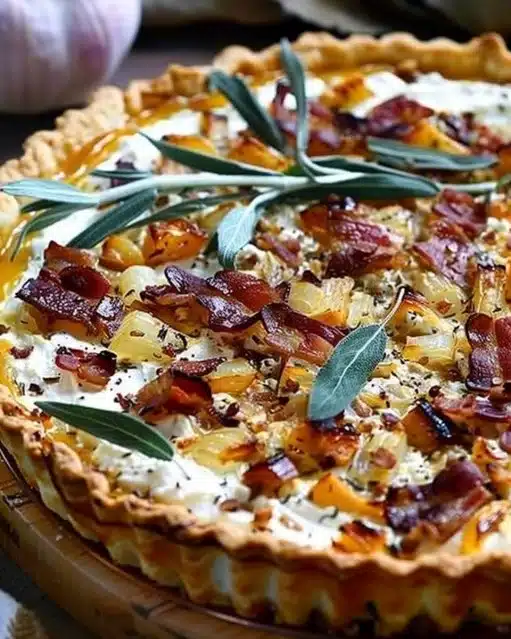 Savory pumpkin tart with ricotta and caramelized onions on a wooden table