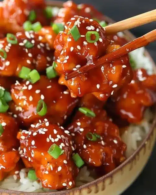 Plate of sesame chicken garnished with sesame seeds and served with vegetables