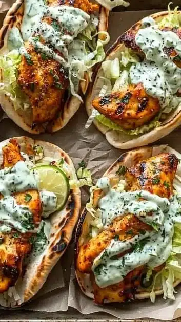 Delicious sheet pan chicken pitas served with fresh vegetables and sauce.