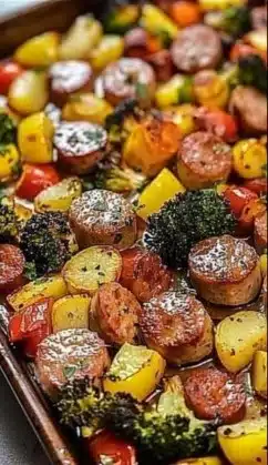 Sheet pan sausage with colorful veggies ready for a healthy dinner.