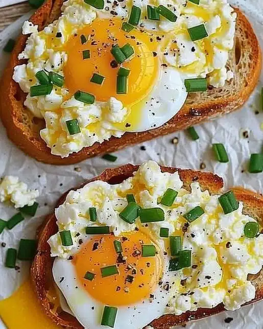 Delicious egg ricotta toast topped with herbs and spices