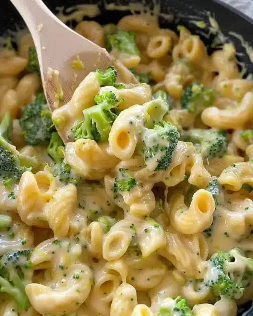 One pot creamy broccoli mac and cheese topped with melted cheese