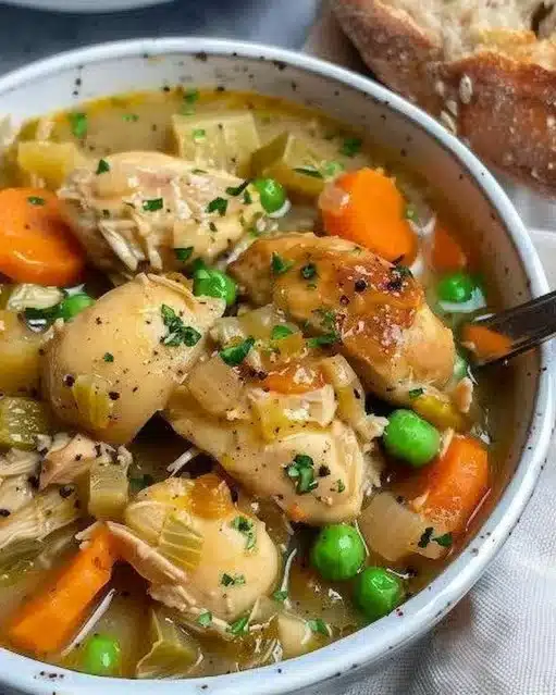 Bowl of slow cooker chicken stew with vegetables and herbs garnished