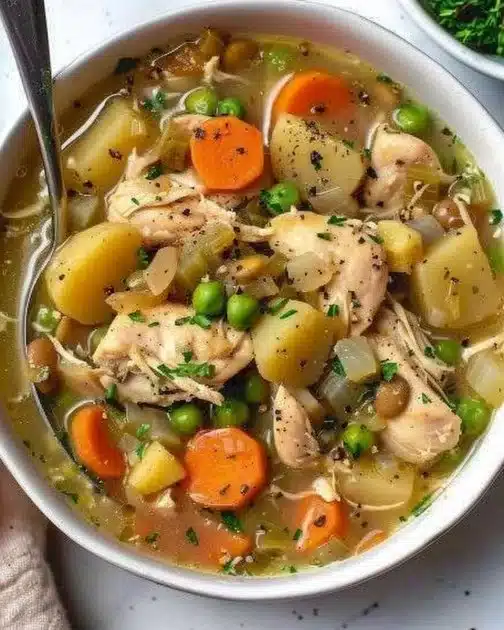Delicious slow cooker chicken stew with vegetables and herbs in a bowl