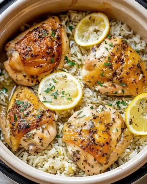 Slow cooker lemon herb chicken served with fluffy rice.