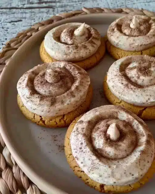Soft pumpkin cookies with cinnamon frosting on a rustic wooden table.