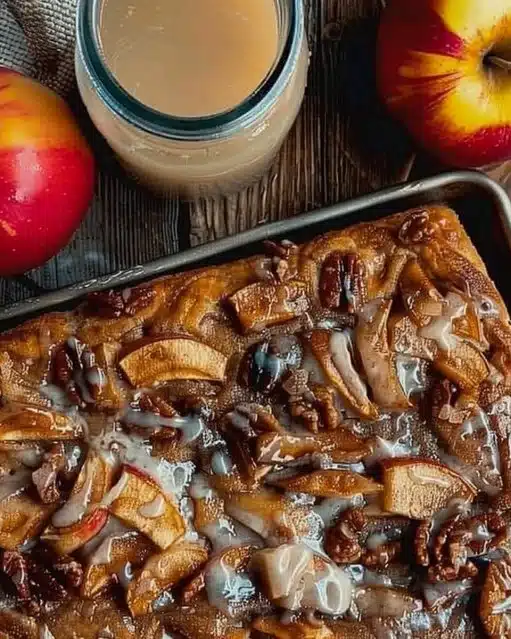 Sourdough apple fritter focaccia topped with caramelized apples and cinnamon