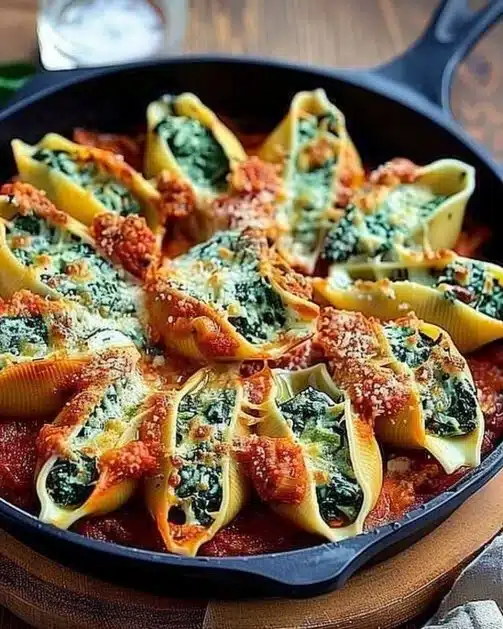 Delicious spinach and ricotta stuffed shells topped with marinara sauce