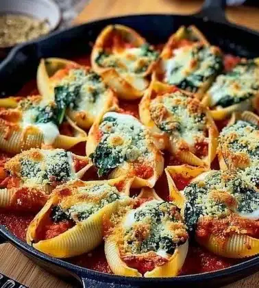 Plate of spinach and ricotta stuffed shells garnished with herbs