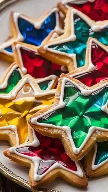 Colorful stained glass cookies displayed on a plate, perfect for festive occasions.