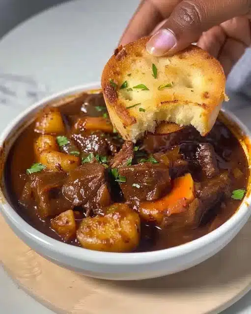 Stove top beef stew simmering in a pot with vegetables and herbs