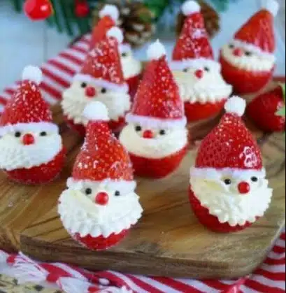 Festive Strawberry Santas with healthy cheesecake filling for holiday dessert