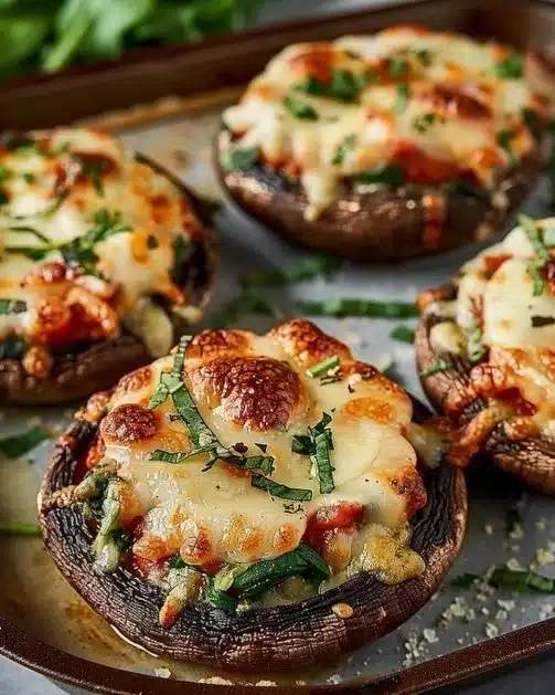 Baked stuffed portobello mushrooms topped with cheese and herbs