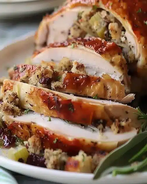 Stuffed turkey breast with cranberry stuffing on a serving platter