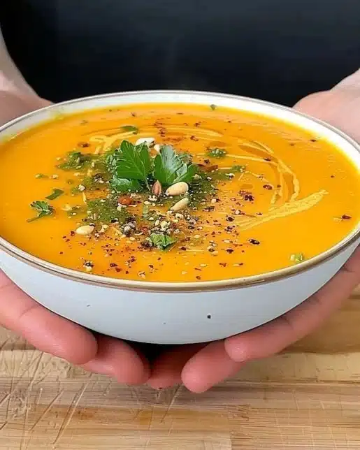 Bowl of creamy sweet potato soup garnished with herbs