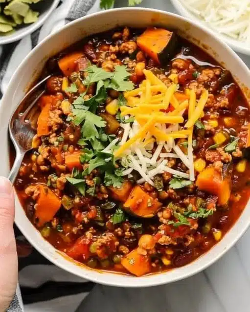 Bowl of sweet potato turkey chili topped with fresh cilantro and avocado