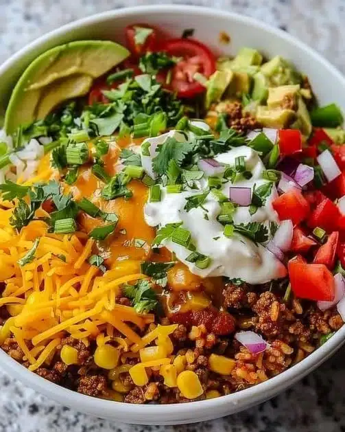Delicious Taco Rice Bowl with fresh ingredients and vibrant toppings