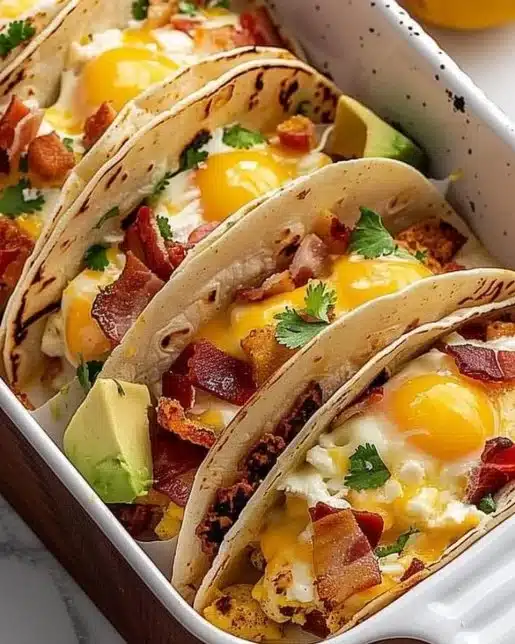 Delicious baked breakfast tacos loaded with ingredients ready for morning
