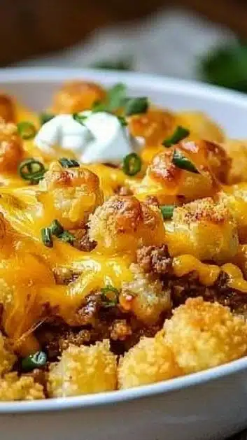 Delicious Tater Tot Casserole served in a baking dish