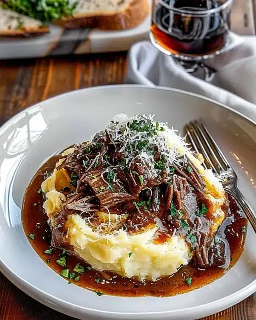 Tender short rib ragu served with creamy Parmesan mashed potatoes