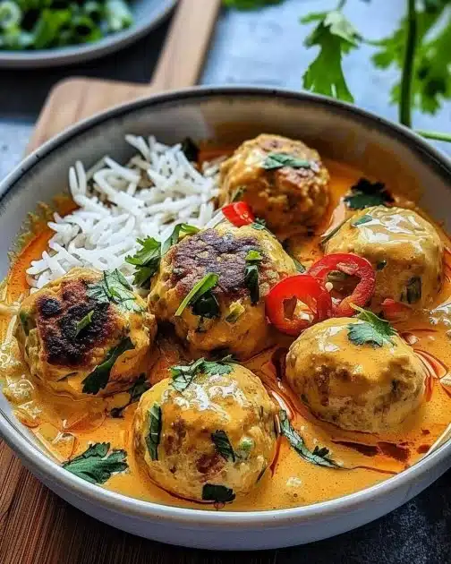 Thai chicken meatballs cooked in a fragrant coconut curry sauce