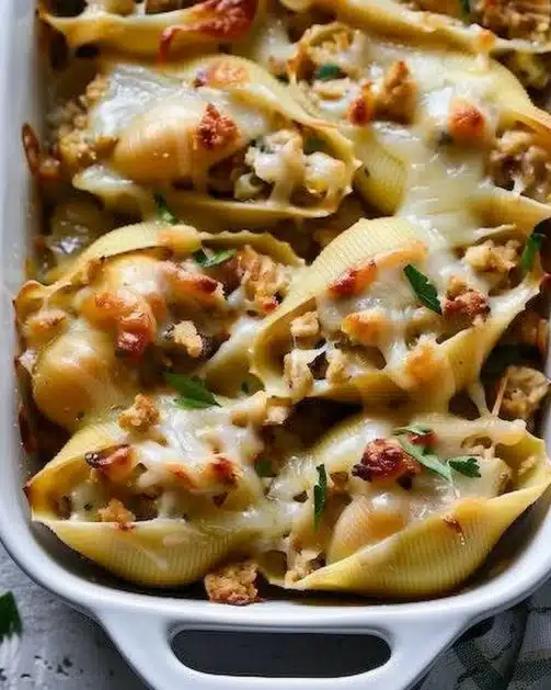 Thanksgiving leftover turkey stuffed shells in a baking dish.