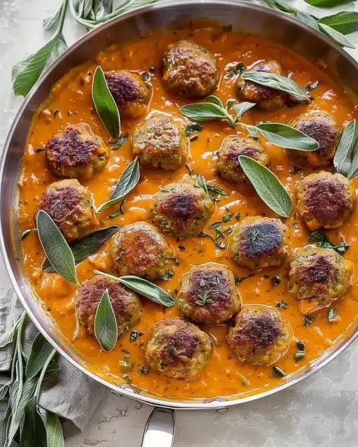Turkey meatballs in creamy pumpkin sage sauce served in a bowl