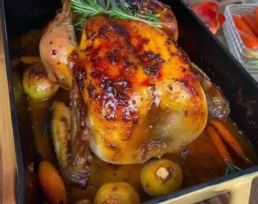 Golden-brown roasted chicken served with fresh herbs and vegetables.