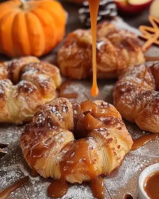 Vegan caramel apple pastries on a rustic wooden table, garnished with apple slices.