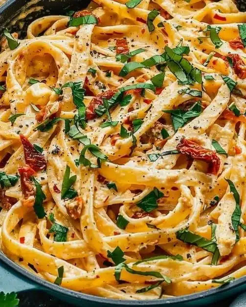 Vegan creamy sun-dried tomato pasta in a bowl, garnished with fresh herbs.