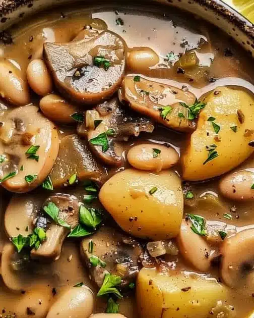 Vegan White Bean Mushroom Stew in a bowl garnished with fresh herbs