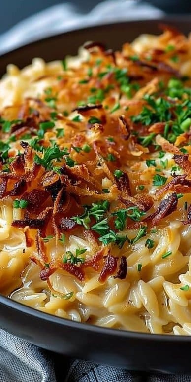 French Onion Chicken Orzo Casserole