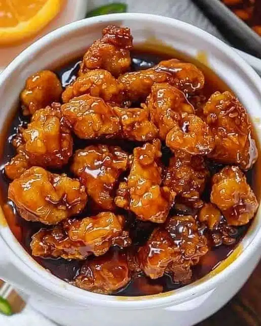 3 ingredient orange chicken sauce in a bowl with chicken pieces